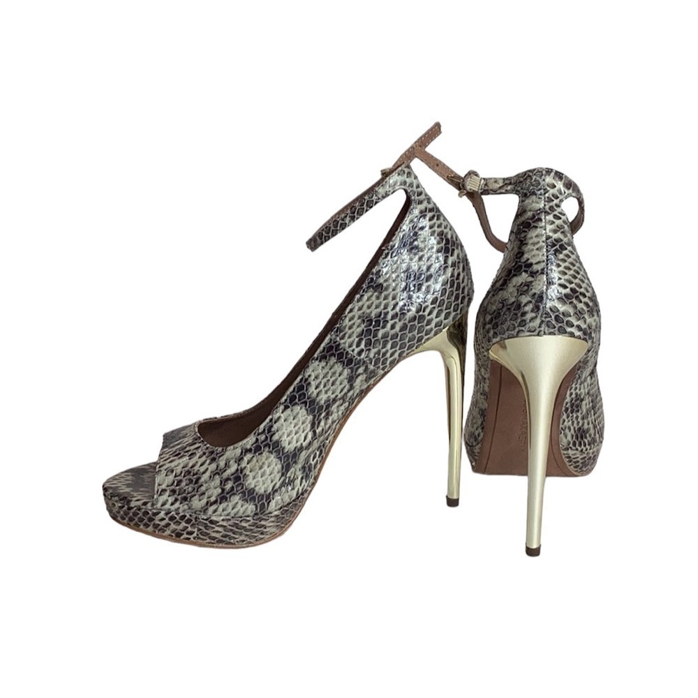 BCBG Maxazria Snake Skin Stiletto Open Toe 7.5M  5” Heels with Dust bag